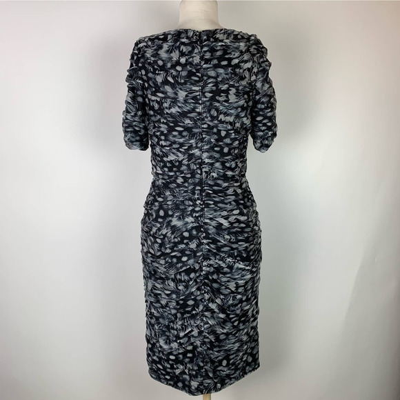 TADASHI SHOJI Draped Silk Sheath Dress Watercolor Black Gray White Scoop Neck 8 - Picture 5 of 10
